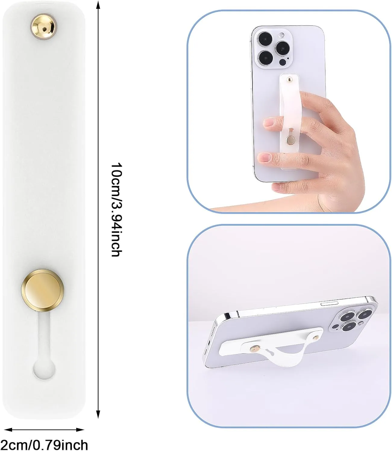 2-in-1 Phone Strap Grip Holder, Silicone Kickstand, Finger Holders for Most Smartphones (White)