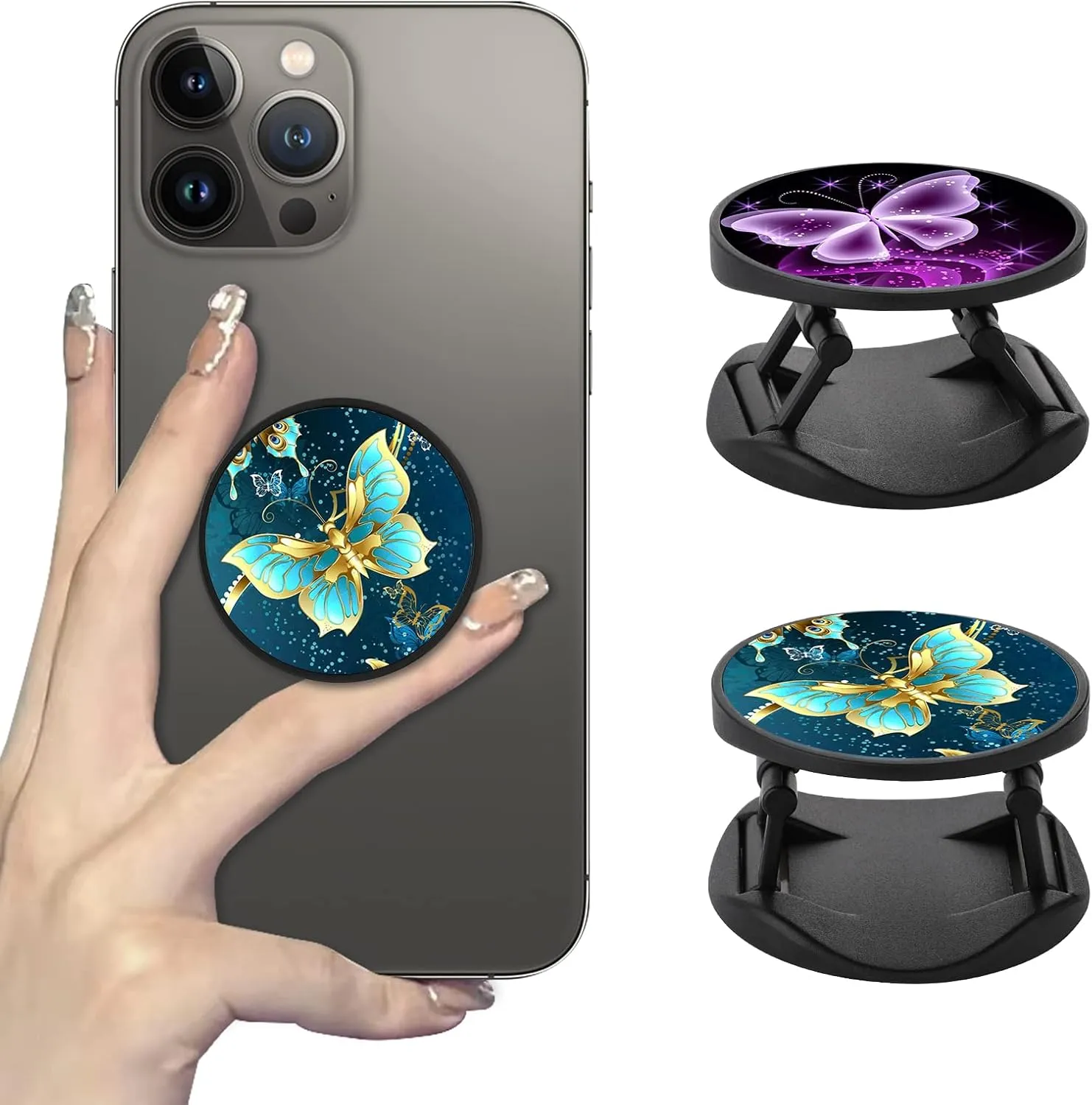 2 Pack Phone Finger Expanding Stand Holder Kickstand Hand Grip Widely Compatible with Almost All Phones and Cases- Purple Butterfly&Blue Butterfly