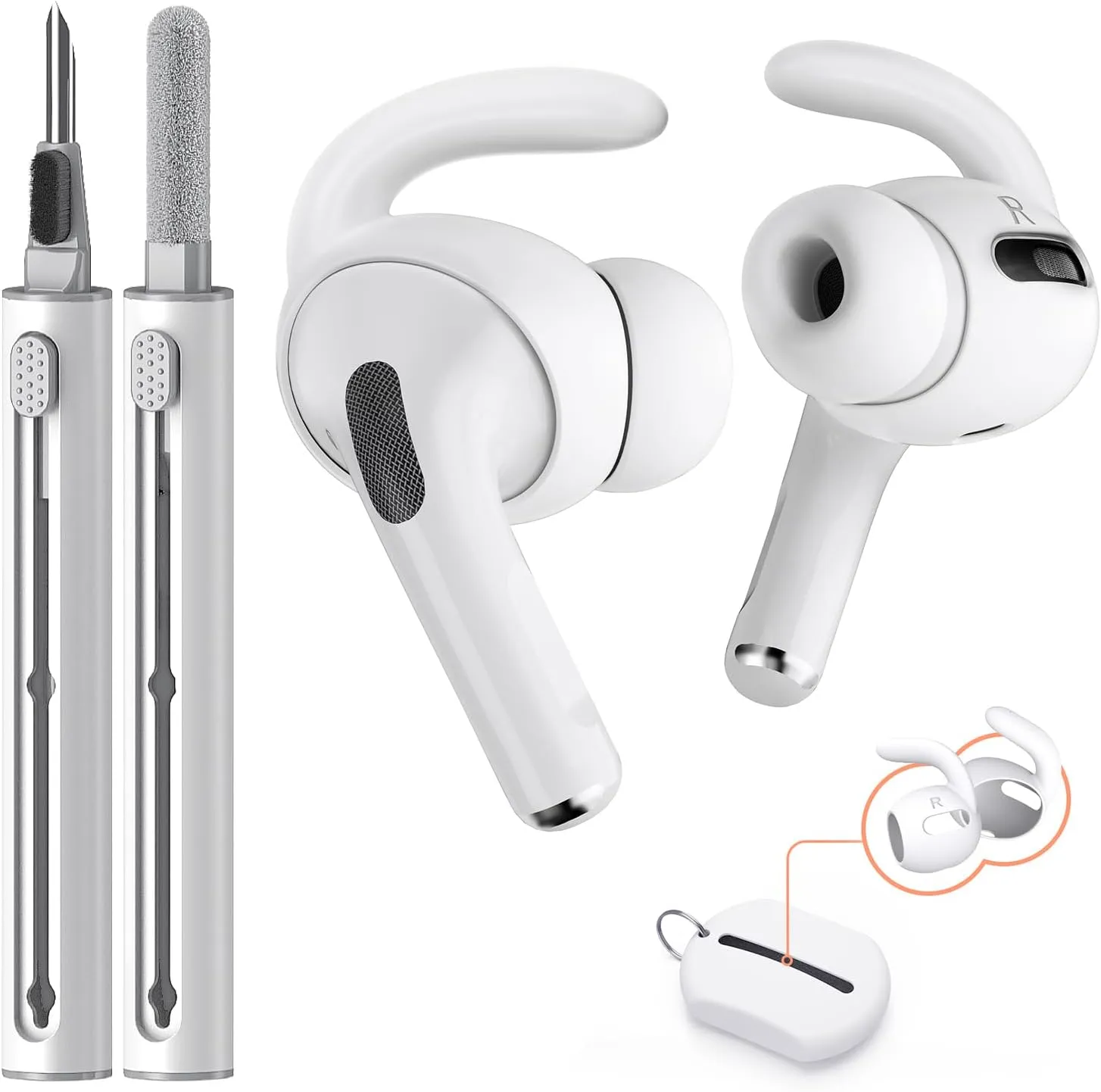 4 Pairs for AirPods Pro Ear Hooks Covers with Cleaner kit [Added Storage Pouch],Anti-Slip Ear Covers & Cleaning Pen Accessories Compatible with Apple AirPods Pro 1st Generation 2019 (White)