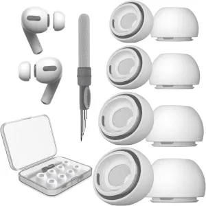 [4 Pairs] W&Y Anti Slip Ear Tip Replacement with Noise Reduction Hole for Airpod Pro and 2nd Generation, Comfortable Silicone Earplugs with Storage Case, Cleaning Kit, 4 Sizes (XS/S/M/L) - White