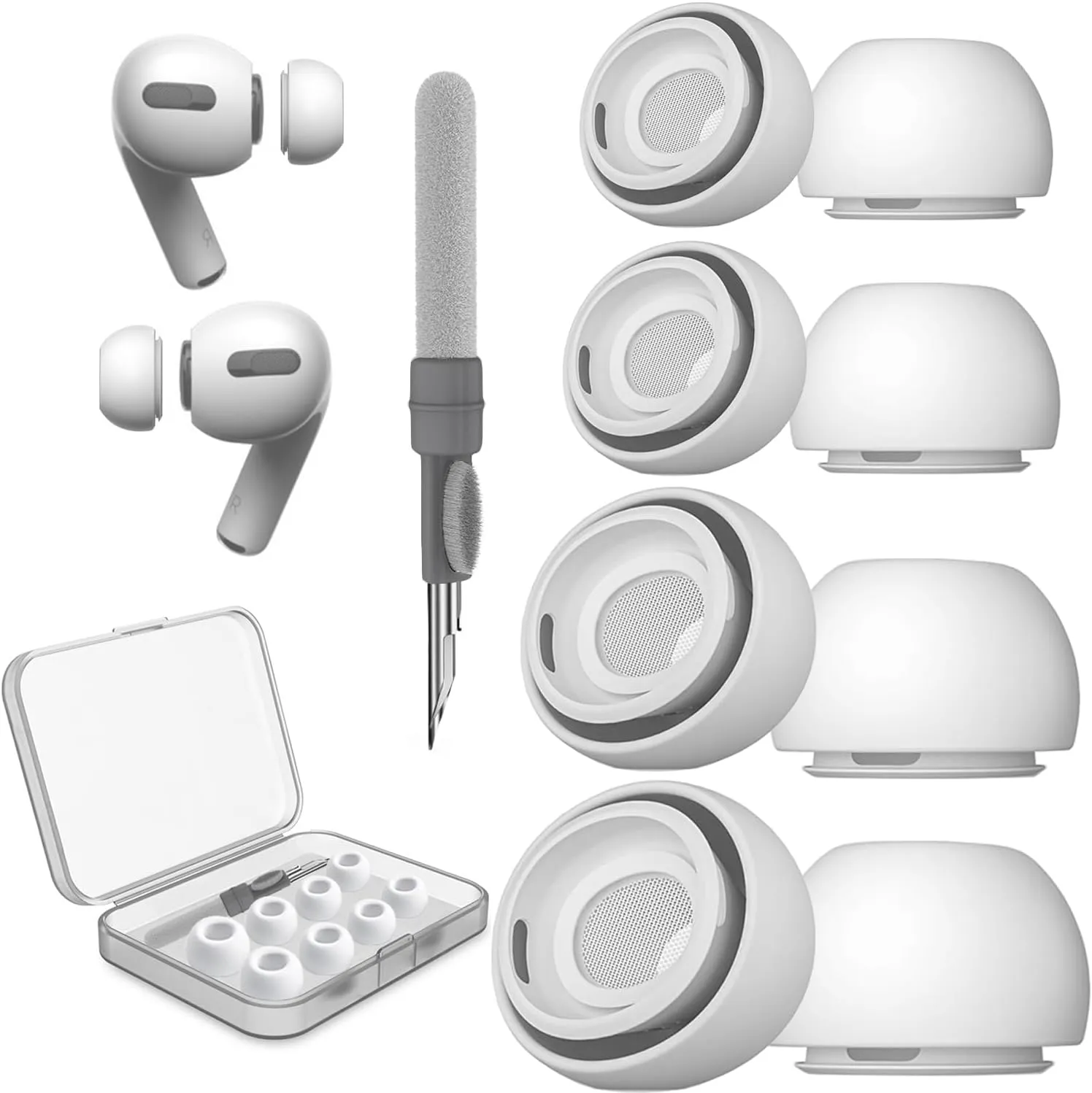 [4 Pairs] W&Y Anti Slip Ear Tip Replacement with Noise Reduction Hole for Airpod Pro and 2nd Generation, Comfortable Silicone Earplugs with Storage Case, Cleaning Kit, 4 Sizes (XS/S/M/L) - White