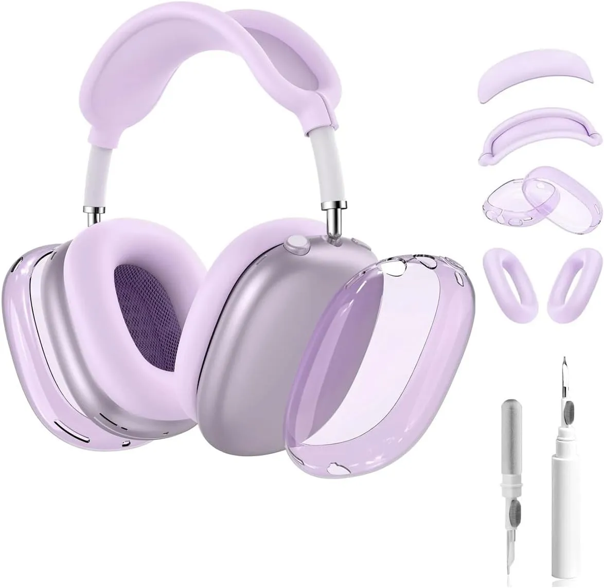 5 in 1 for AirPod Max Case, HYZYey Clear TPU Protective Ear Pad Covers/Ear Cups Cover/Headband Cover/Headband Pad, Cleaning Kit Accessories Compatible for Apple AirPods Max Headphones (Purple)