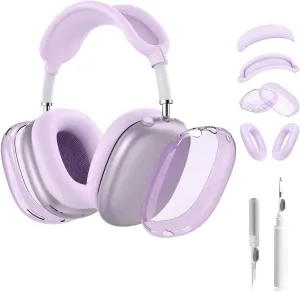 5 in 1 for AirPod Max Case, HYZYey Clear TPU Protective Ear Pad Covers/Ear Cups Cover/Headband Cover/Headband Pad, Cleaning Kit Accessories Compatible for Apple AirPods Max Headphones (Purple)