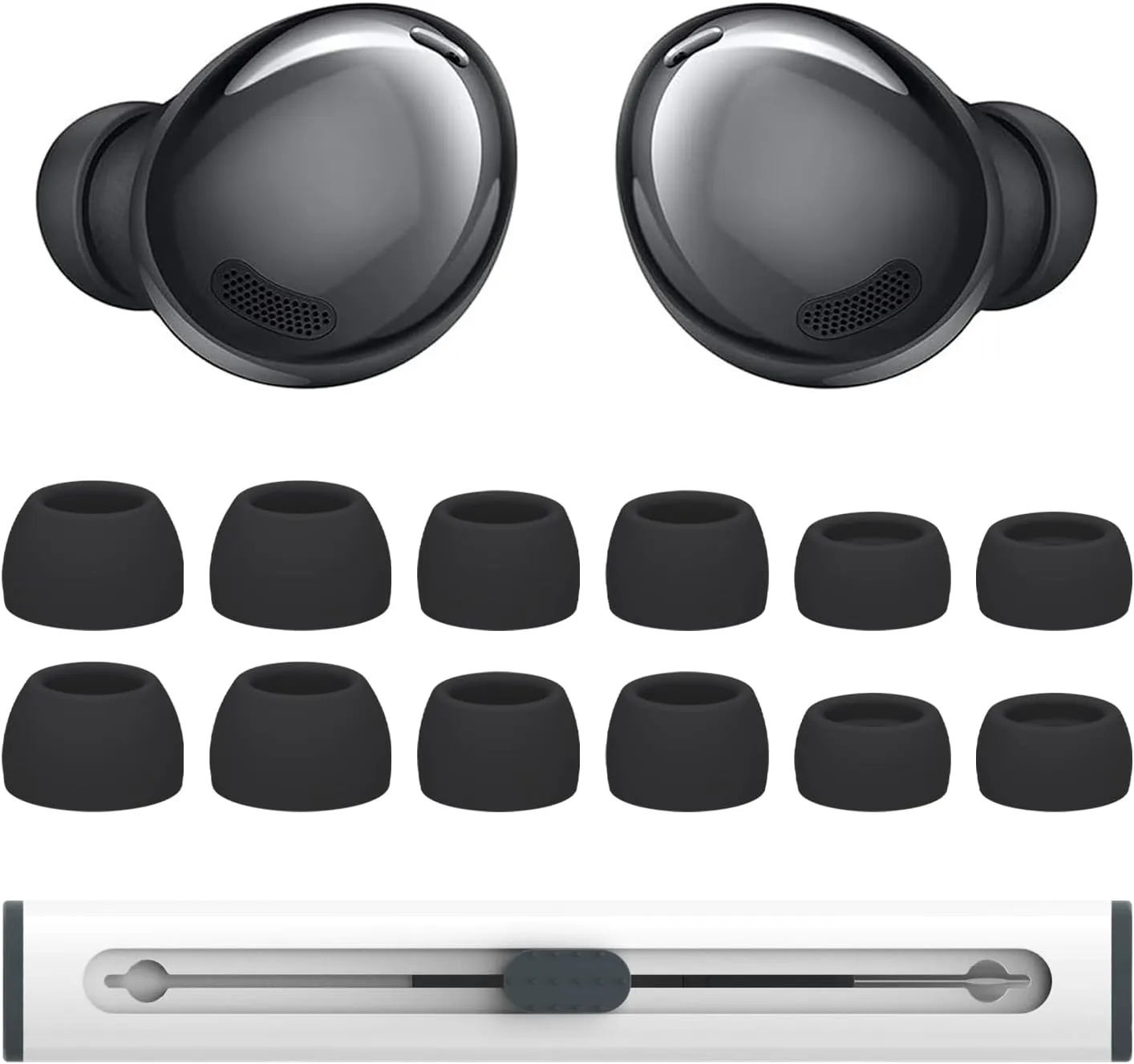 6 Pairs Replacement Eartips for Samsung Galaxy Buds Pro Earbuds with Cleaning Pen, Replacement Silicone Ear Tips Set with Three Sizes L/M/S, Anti-Slip Replacement Accessories (Black)