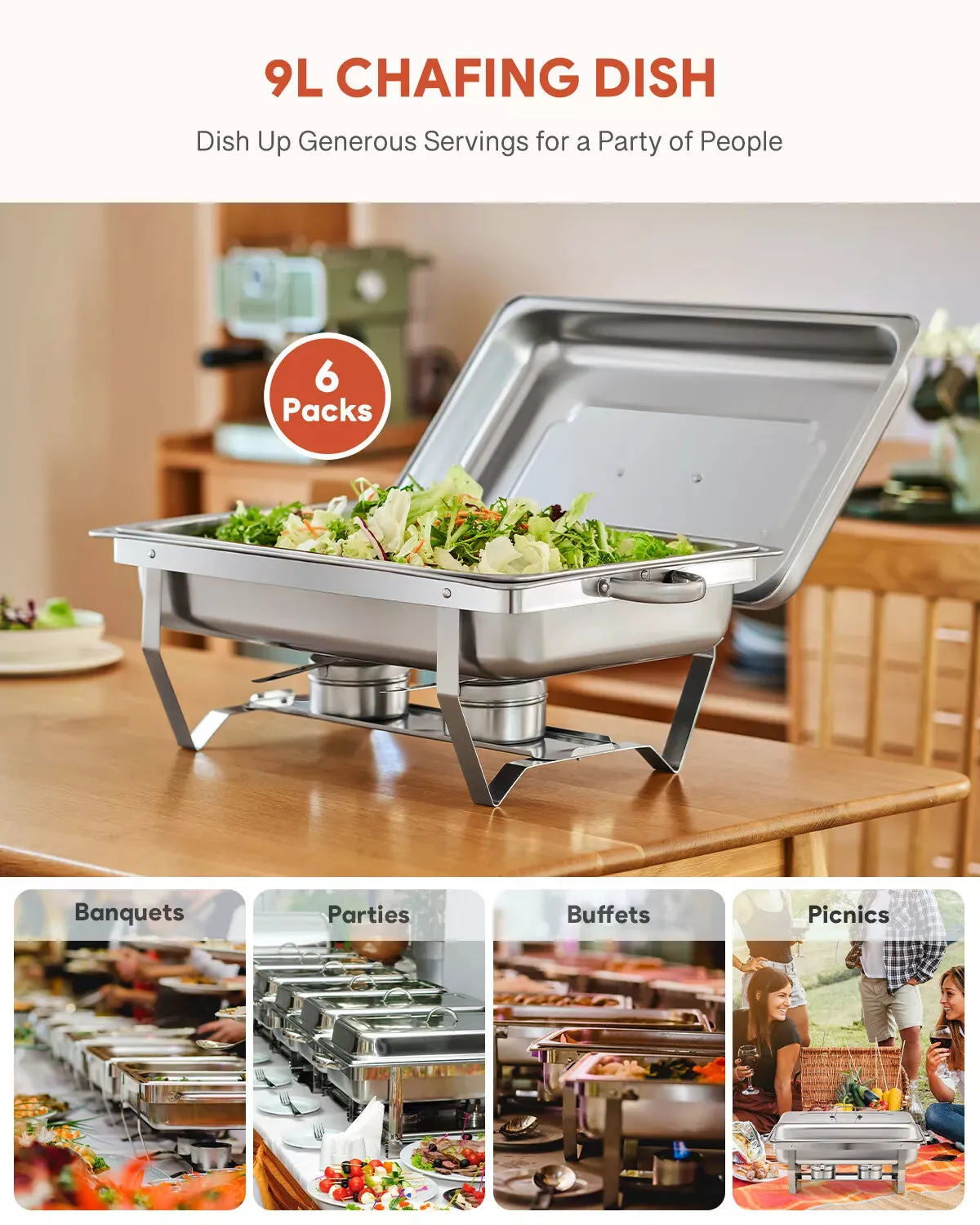 6-Set Stainless Steel Buffet Food Warmer  9L Chafing Dishes with Lids