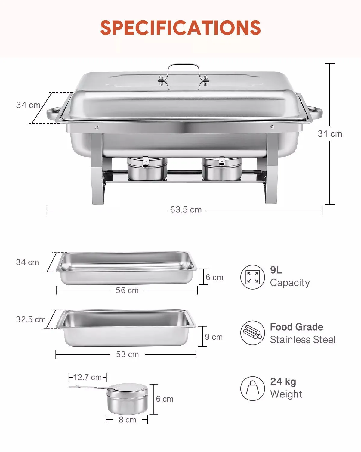 6-Set Stainless Steel Buffet Food Warmer  9L Chafing Dishes with Lids