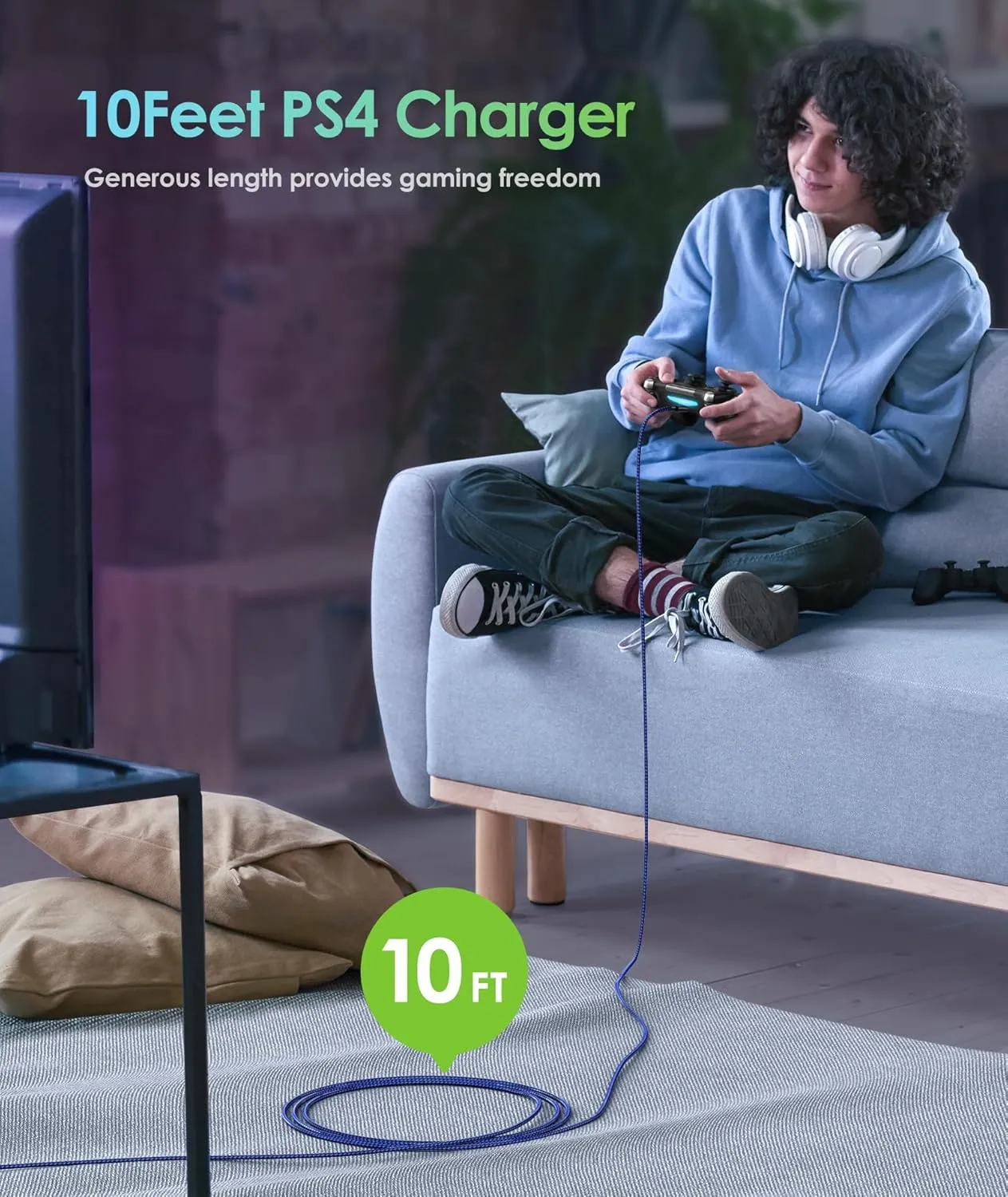 6amLifestyle PS4 Controller Charger Charging Cable, 2 Pack 10ft Extra Long Micro USB 2.0 Cable, Nylon Braided Cord, for PS4, PS4 Slim/Pro, Xbox One S/X Controller, Android Phones, Black Blue