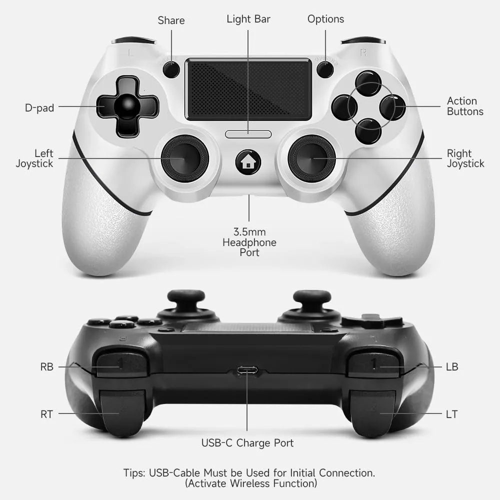 AceGamer 2 Pack for PS4 Controller, Wireless Controller for PS4/Pro/Slim/PC, with Non-Slip Grip of Both Sides and 2 USB-C Cable! (Black and White)