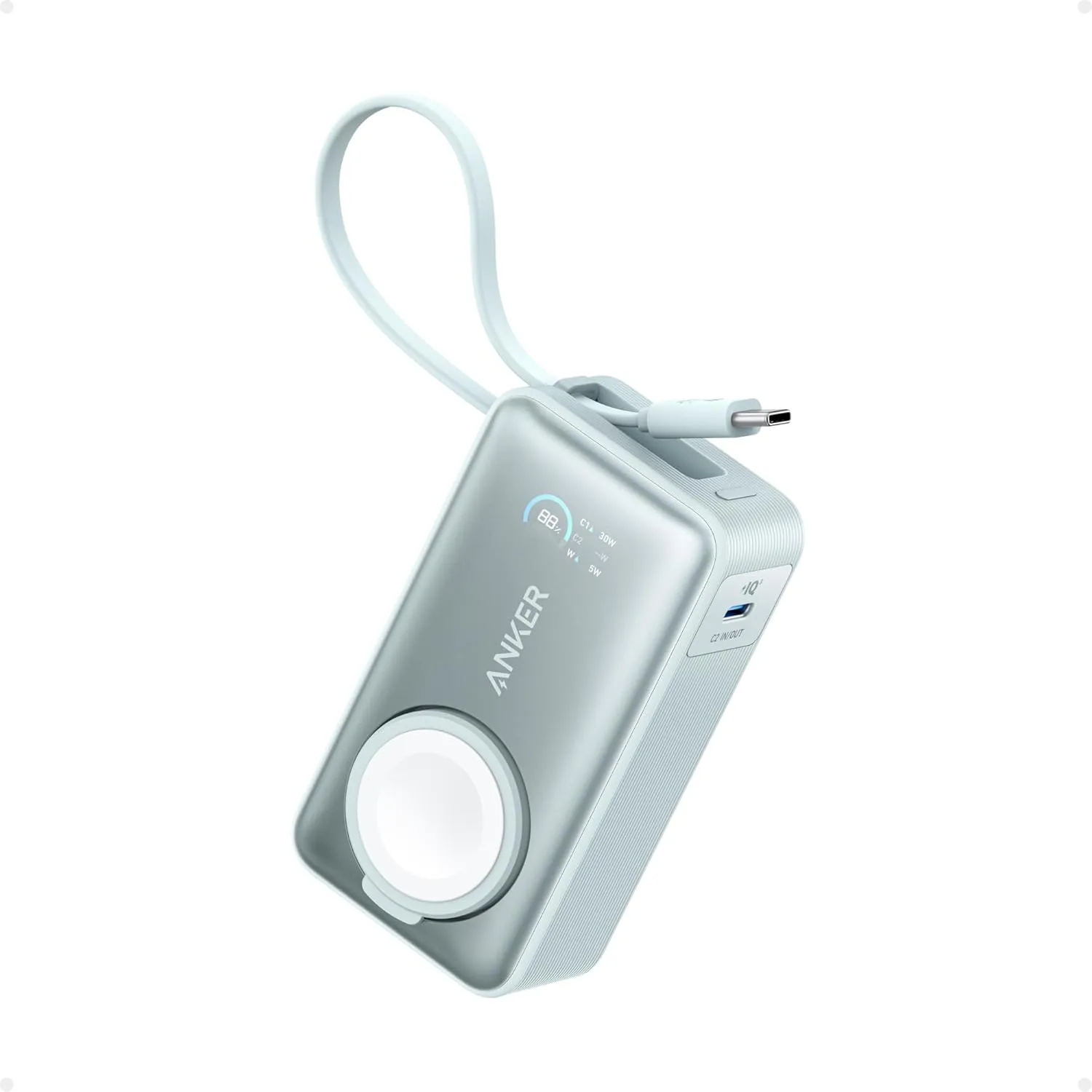 Anker MagGo Power Bank for Apple Watch, Officially Certified, 10,000 mAh Compact Battery Pack with Built-in USB-C Cable, 35 W Max, for iPhone 15 Series, Samsung, iPad, AirPods and More