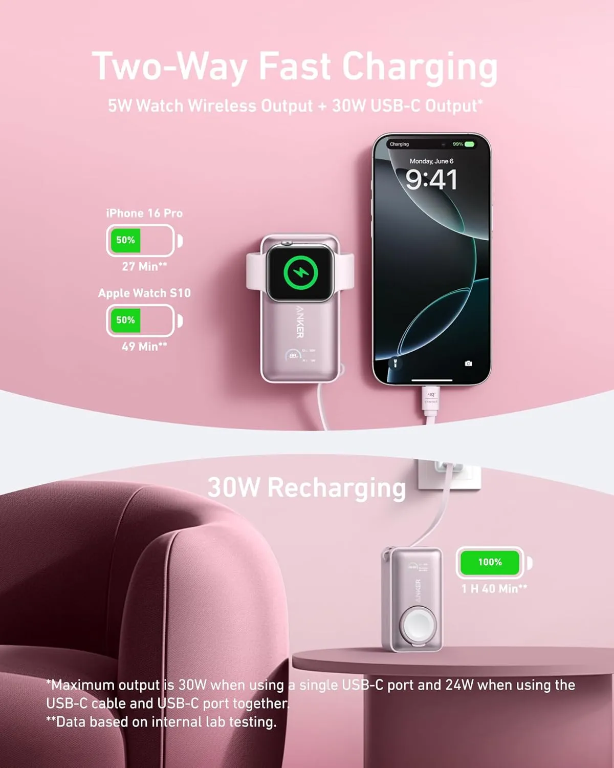 Anker MagGo Power Bank for Apple Watch, Officially Certified, 10,000 mAh Compact Battery Pack with Built-in USB-C Cable, 35 W Max, for iPhone 15 Series, Samsung, iPad, AirPods and More