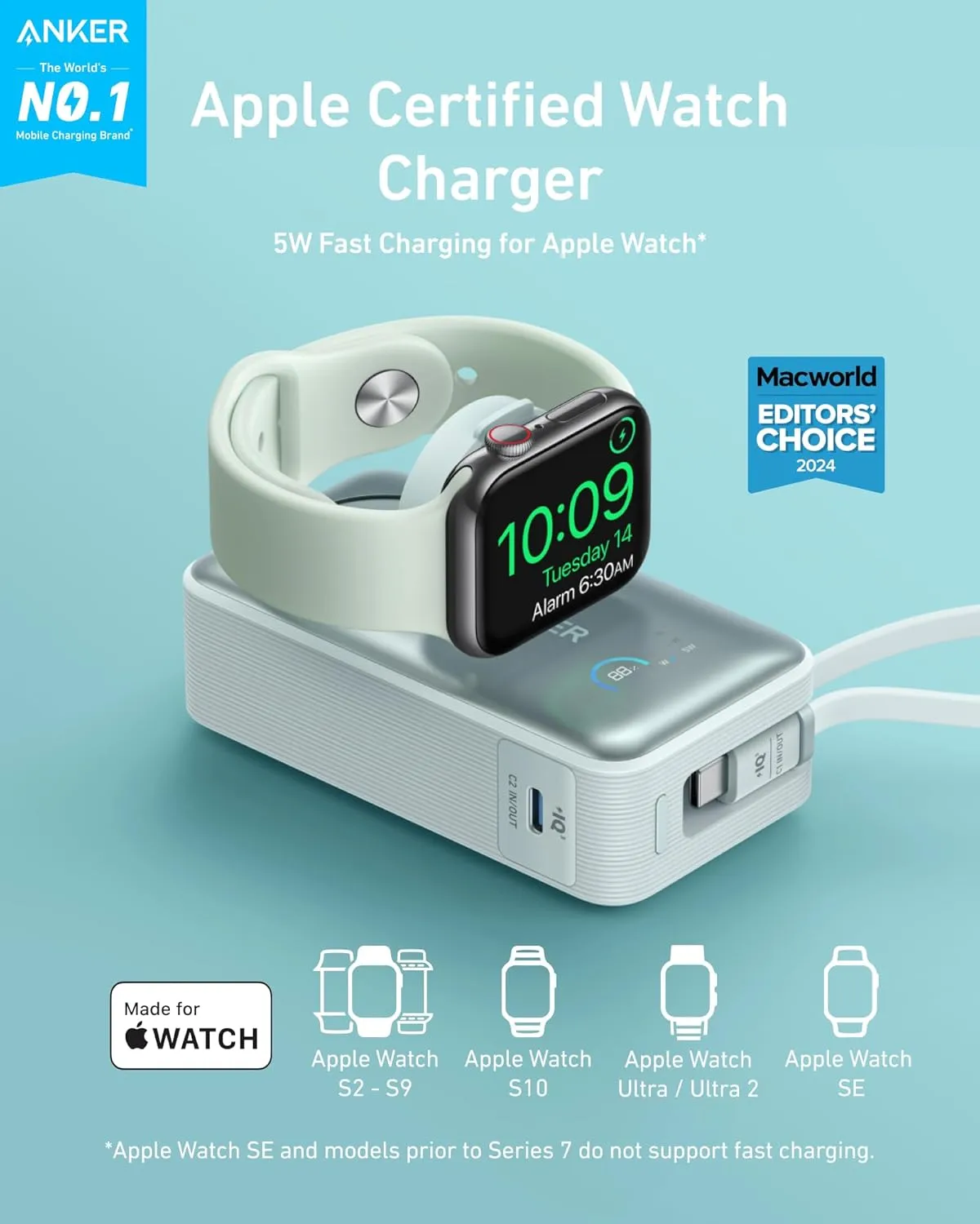 Anker MagGo Power Bank for Apple Watch, Officially Certified, 10,000 mAh Compact Battery Pack with Built-in USB-C Cable, 35 W Max, for iPhone 15 Series, Samsung, iPad, AirPods and More