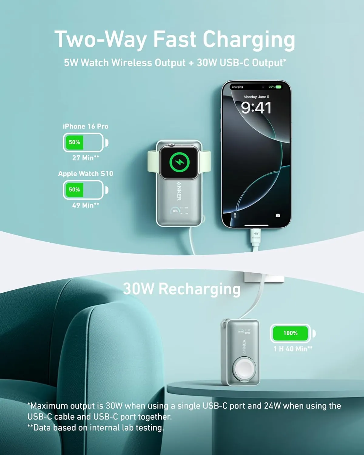 Anker MagGo Power Bank for Apple Watch, Officially Certified, 10,000 mAh Compact Battery Pack with Built-in USB-C Cable, 35 W Max, for iPhone 15 Series, Samsung, iPad, AirPods and More