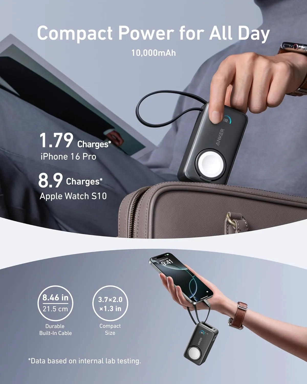 Anker MagGo Power Bank for Apple Watch, Officially Certified, 10,000 mAh Compact Battery Pack with Built-in USB-C Cable, 35 W Max, for iPhone 15 Series, Samsung, iPad, AirPods and More