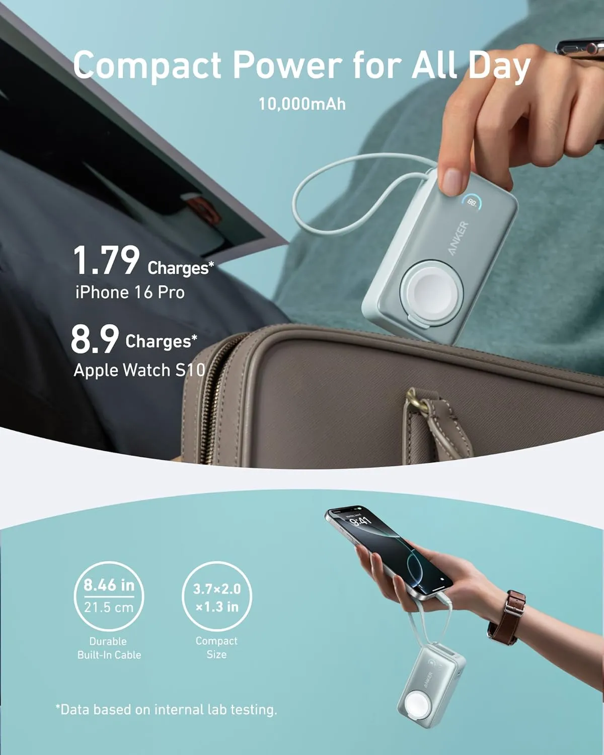 Anker MagGo Power Bank for Apple Watch, Officially Certified, 10,000 mAh Compact Battery Pack with Built-in USB-C Cable, 35 W Max, for iPhone 15 Series, Samsung, iPad, AirPods and More
