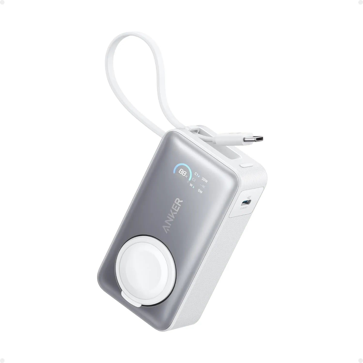 Anker MagGo Power Bank for Apple Watch, Officially Certified, 10,000 mAh Compact Battery Pack with Built-in USB-C Cable, 35 W Max, for iPhone 15 Series, Samsung, iPad, AirPods and More