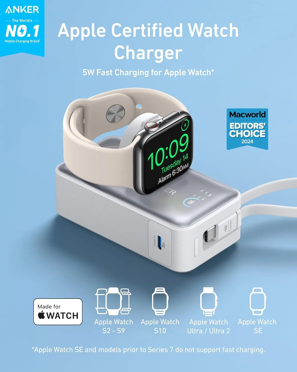 Anker MagGo Power Bank for Apple Watch, Officially Certified, 10,000 mAh Compact Battery Pack with Built-in USB-C Cable, 35 W Max, for iPhone 15 Series, Samsung, iPad, AirPods and More