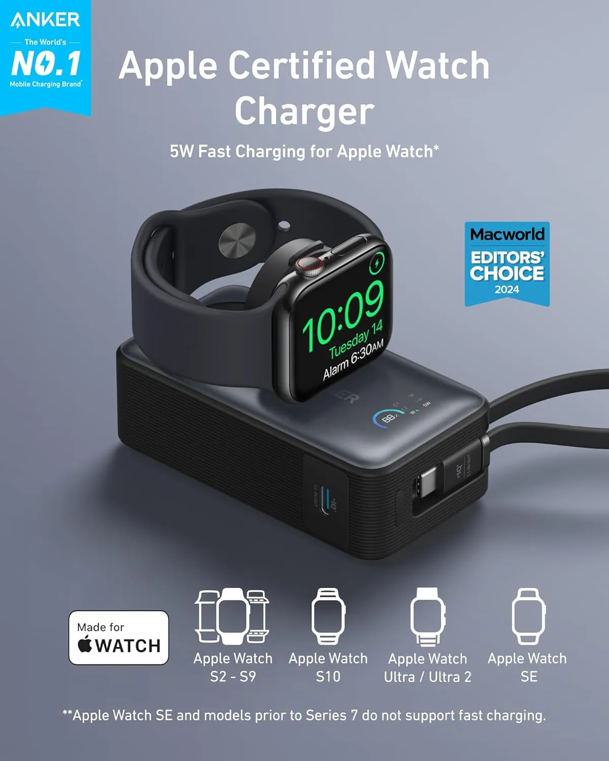 Anker MagGo Power Bank for Apple Watch, Officially Certified, 10,000 mAh Compact Battery Pack with Built-in USB-C Cable, 35 W Max, for iPhone 15 Series, Samsung, iPad, AirPods and More