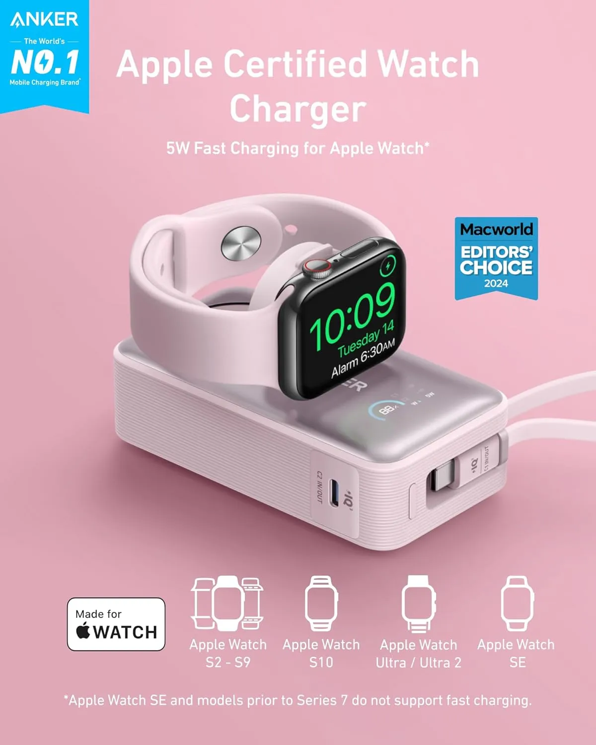 Anker MagGo Power Bank for Apple Watch, Officially Certified, 10,000 mAh Compact Battery Pack with Built-in USB-C Cable, 35 W Max, for iPhone 15 Series, Samsung, iPad, AirPods and More