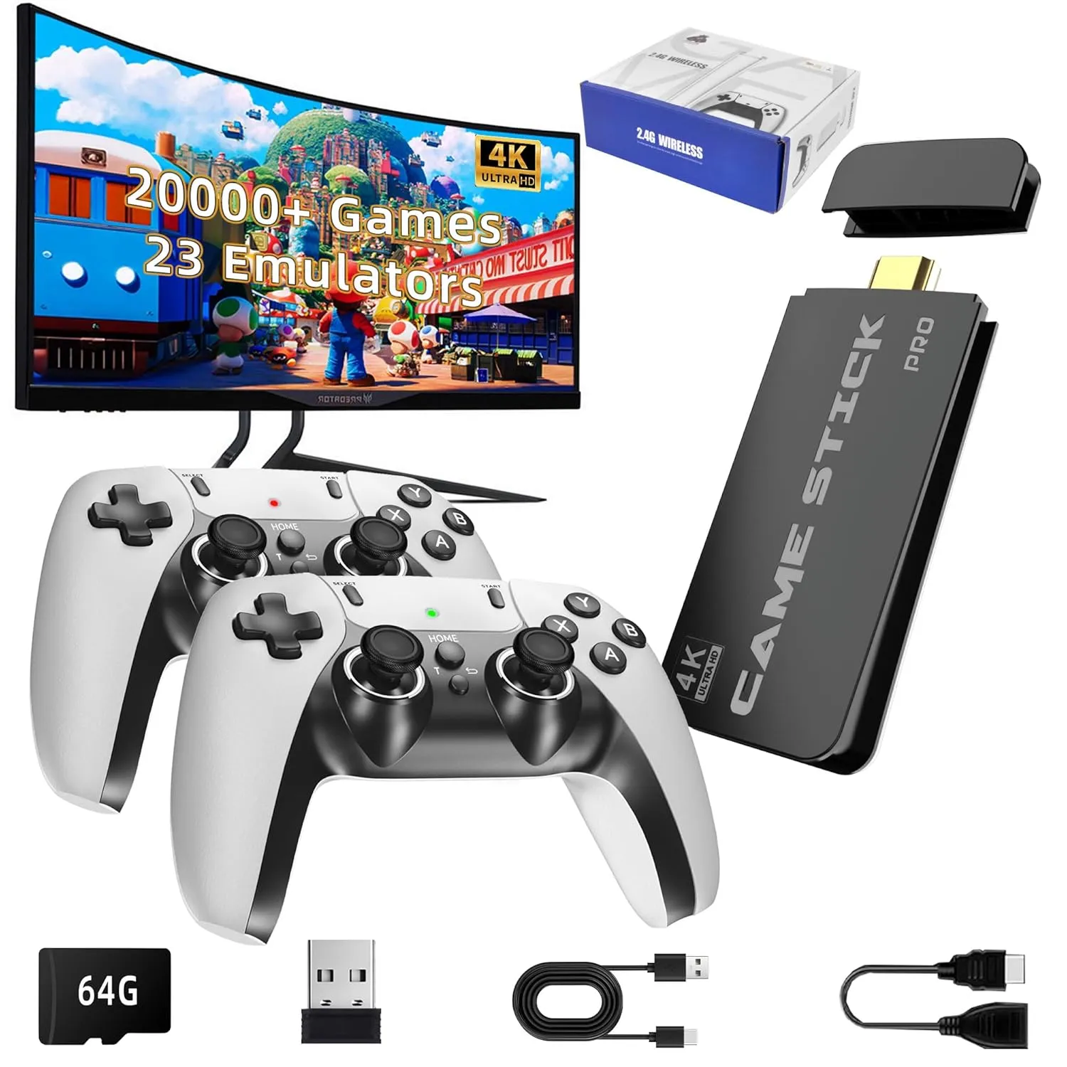 BADGOAL 2025 Upgrades Retro Game Console Stick, Nostalgia Gaming Stick, Over 20,000 Games and 23 Emulators, Upgraded Dual 2.4G Wireless Controllers, Plug & Play TV Video Gaming Stick with 64GB Memory