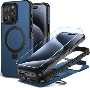 BEASTEK Shockproof Case for iPhone 15 Pro Max, Military Cover with Built-in Magnetic Kickstand Ring [MagSafe Compatible] and Anit-Scratch Tempered Glass Screen Protector, for iPhone 15 Pro Max (Blue)