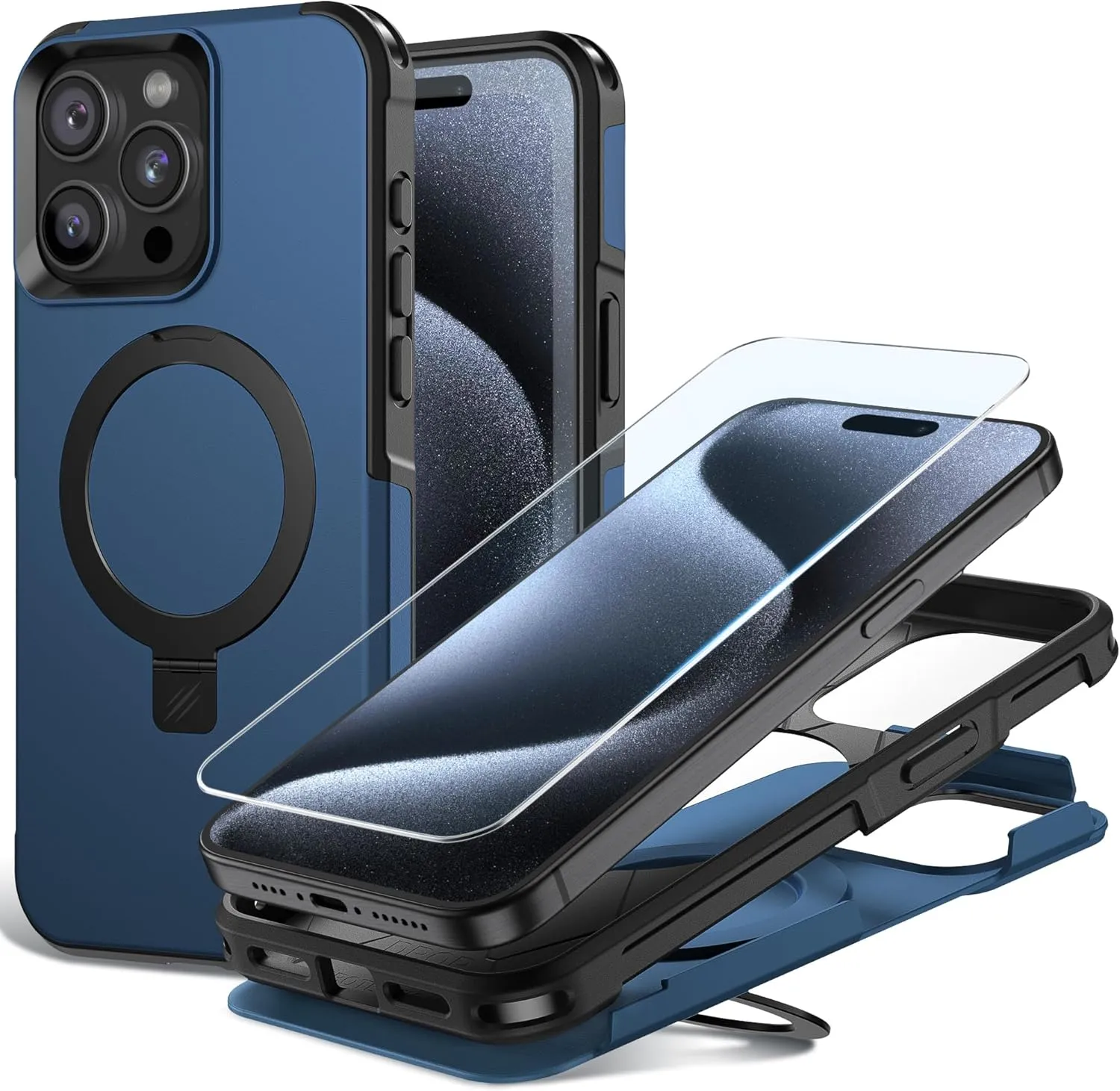 BEASTEK Shockproof Case for iPhone 15 Pro Max, Military Cover with Built-in Magnetic Kickstand Ring [MagSafe Compatible] and Anit-Scratch Tempered Glass Screen Protector, for iPhone 15 Pro Max (Blue)