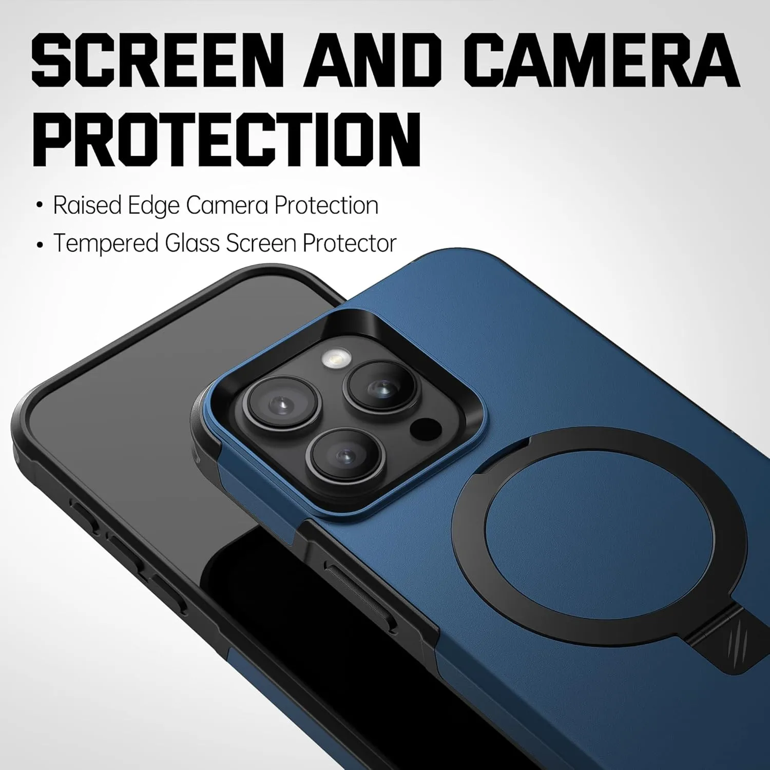 BEASTEK Shockproof Case for iPhone 15 Pro Max, Military Cover with Built-in Magnetic Kickstand Ring [MagSafe Compatible] and Anit-Scratch Tempered Glass Screen Protector, for iPhone 15 Pro Max (Blue)