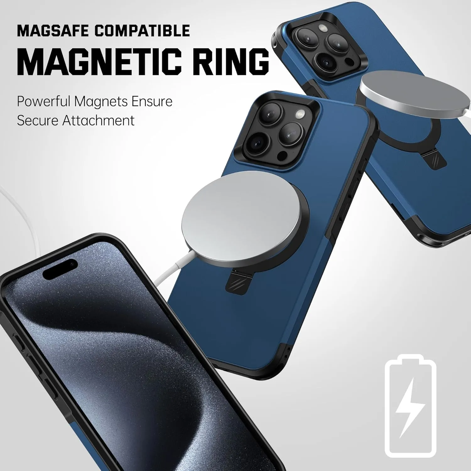 BEASTEK Shockproof Case for iPhone 15 Pro Max, Military Cover with Built-in Magnetic Kickstand Ring [MagSafe Compatible] and Anit-Scratch Tempered Glass Screen Protector, for iPhone 15 Pro Max (Blue)