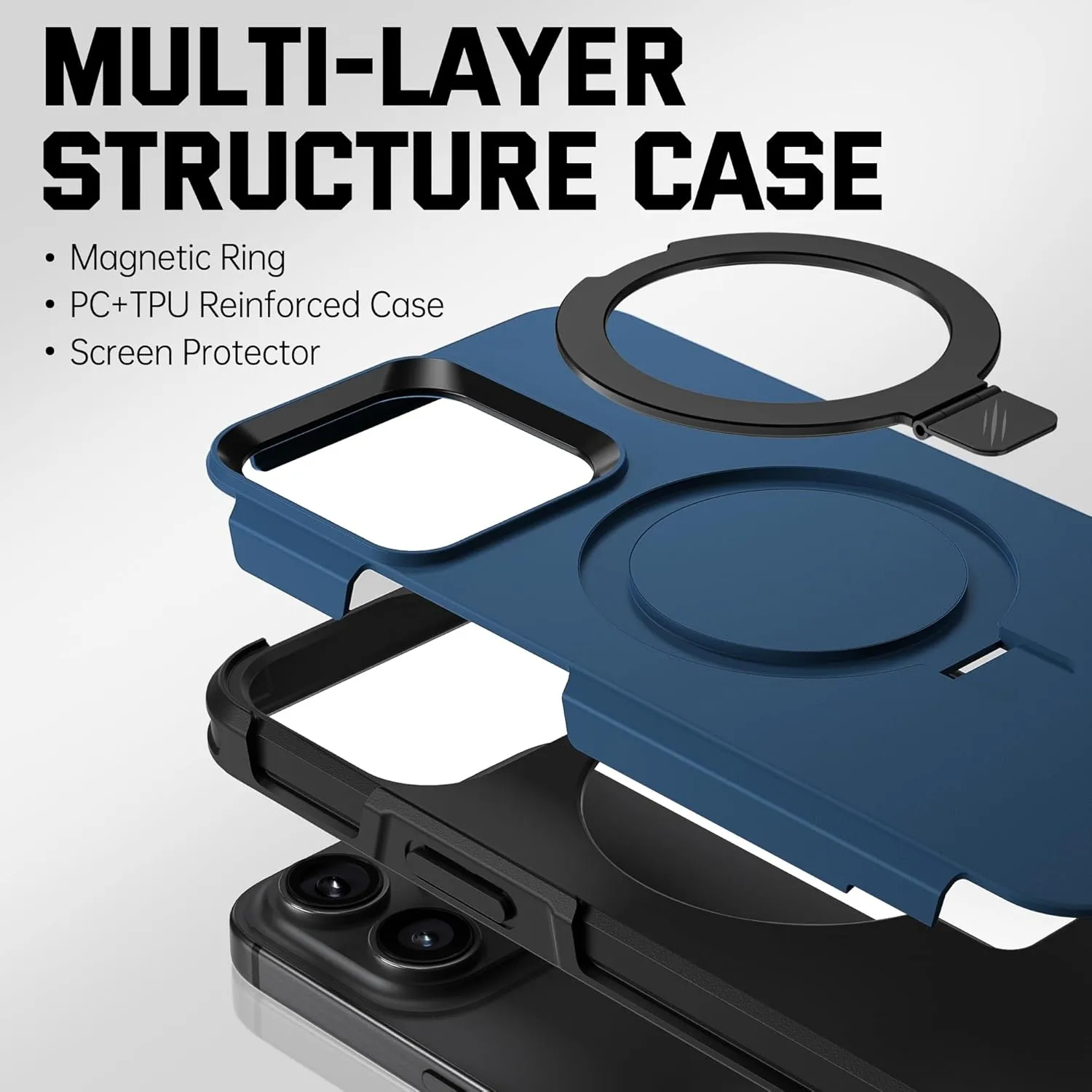 BEASTEK Shockproof Case for iPhone 15 Pro Max, Military Cover with Built-in Magnetic Kickstand Ring [MagSafe Compatible] and Anit-Scratch Tempered Glass Screen Protector, for iPhone 15 Pro Max (Blue)
