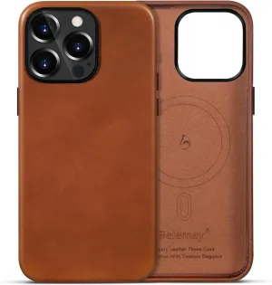 Belemay Compatible with iPhone 12 Pro Max Leather Case, Compatible with MagSafe, Premium Full-Grain Vegetable-Tanned Smooth Leather, Rich Patina, Secure Grip, Metal Buttons Cover (6.7") Saddle Brown