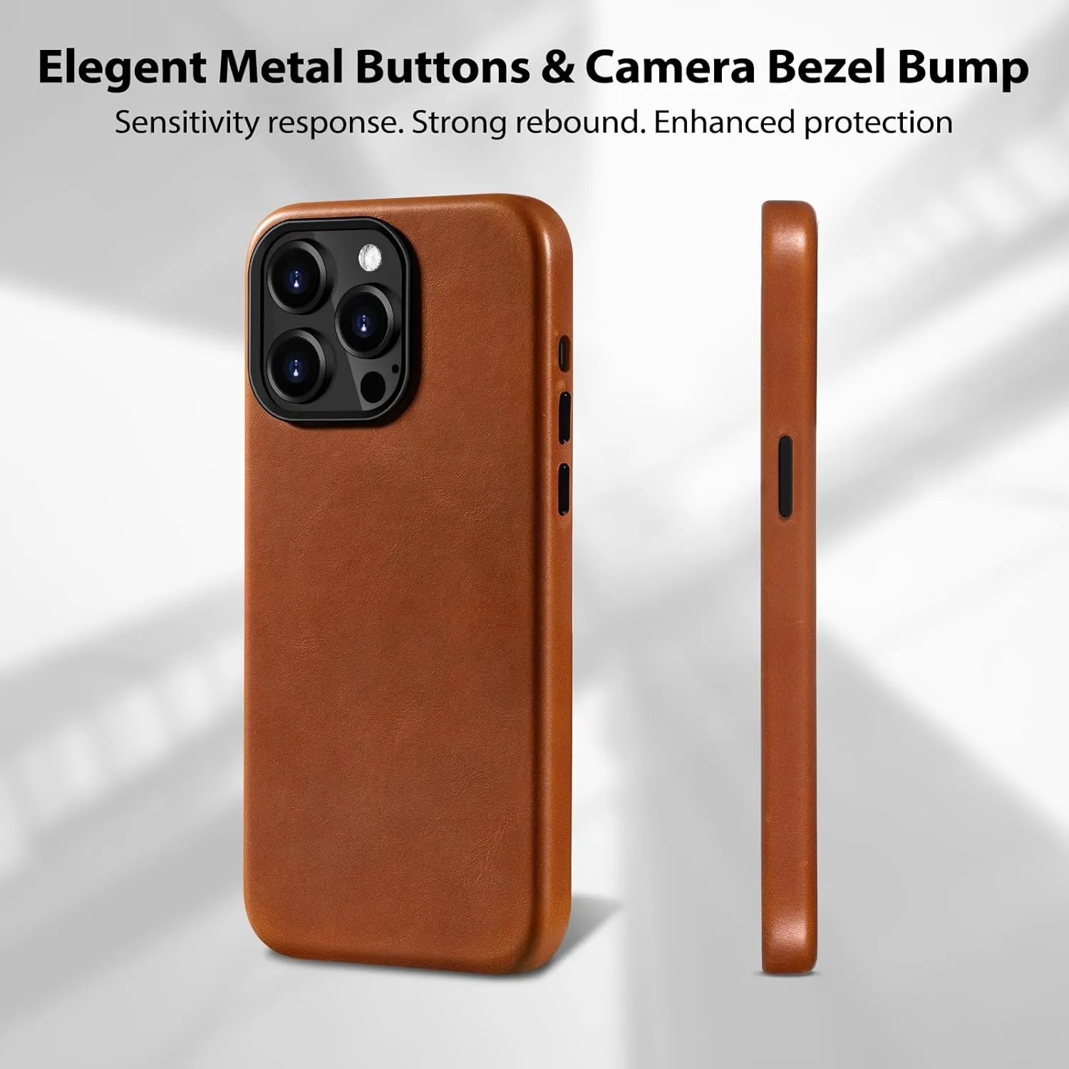 Belemay Compatible with iPhone 12 Pro Max Leather Case, Compatible with MagSafe, Premium Full-Grain Vegetable-Tanned Smooth Leather, Rich Patina, Secure Grip, Metal Buttons Cover (6.7") Saddle Brown
