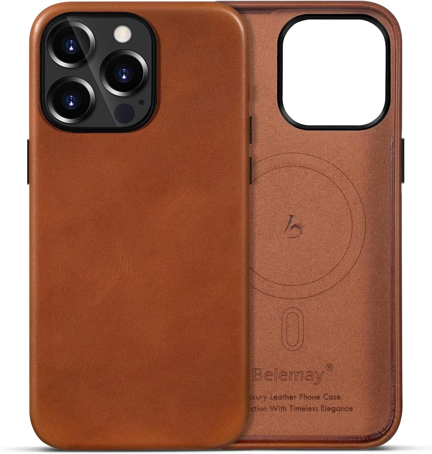 Belemay Compatible with iPhone 12 Pro Max Leather Case, Compatible with MagSafe, Premium Full-Grain Vegetable-Tanned Smooth Leather, Rich Patina, Secure Grip, Metal Buttons Cover (6.7") Saddle Brown