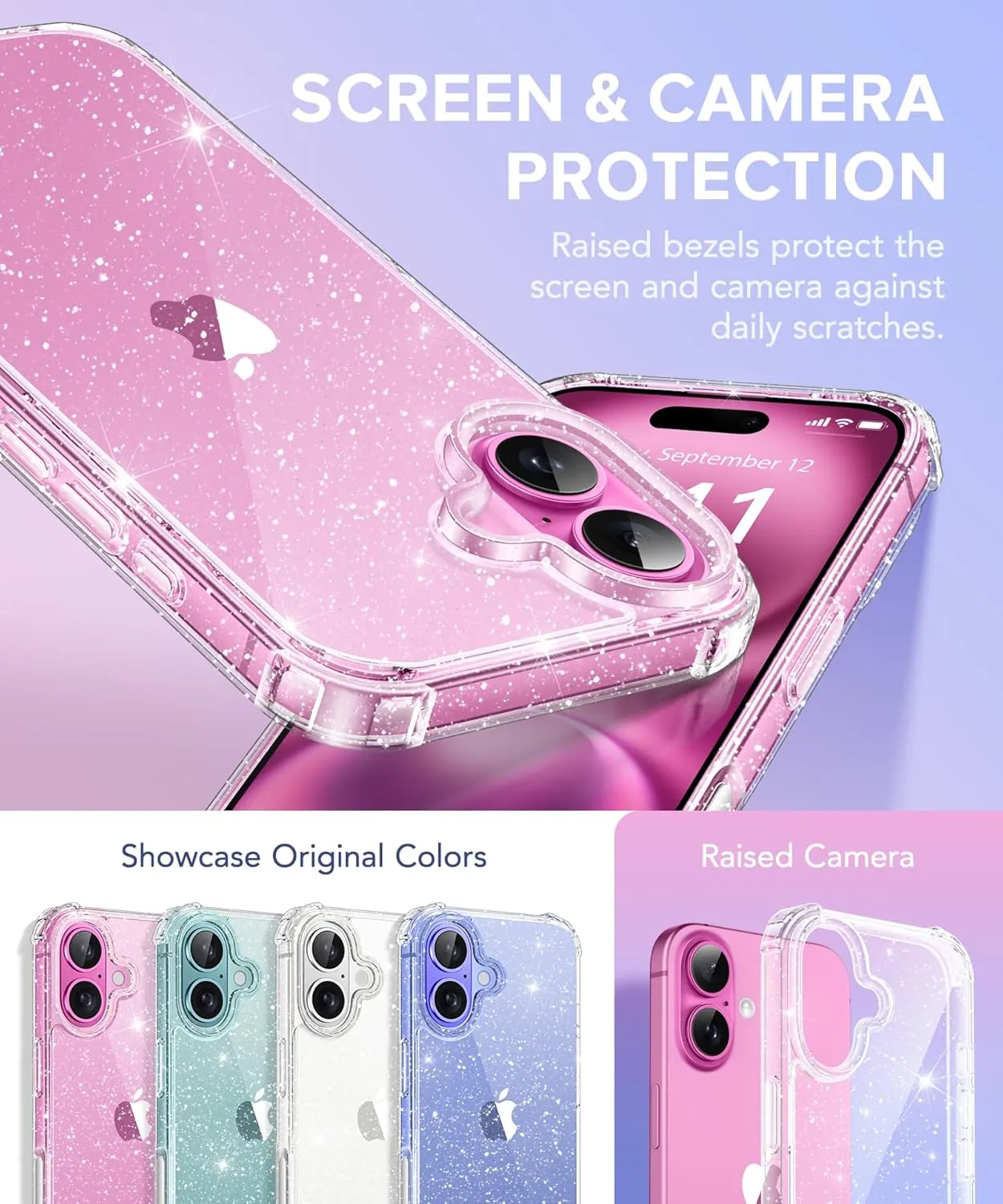 BERFY Compatible with iPhone 16 Case Glitter, [3 in 1] with Screen Protector   Camera Lens Protector, [Non-Yellowing] Clear Sparkle Slim Shockproof Hard Phone Cover for Women 6.1", Shiny Clear