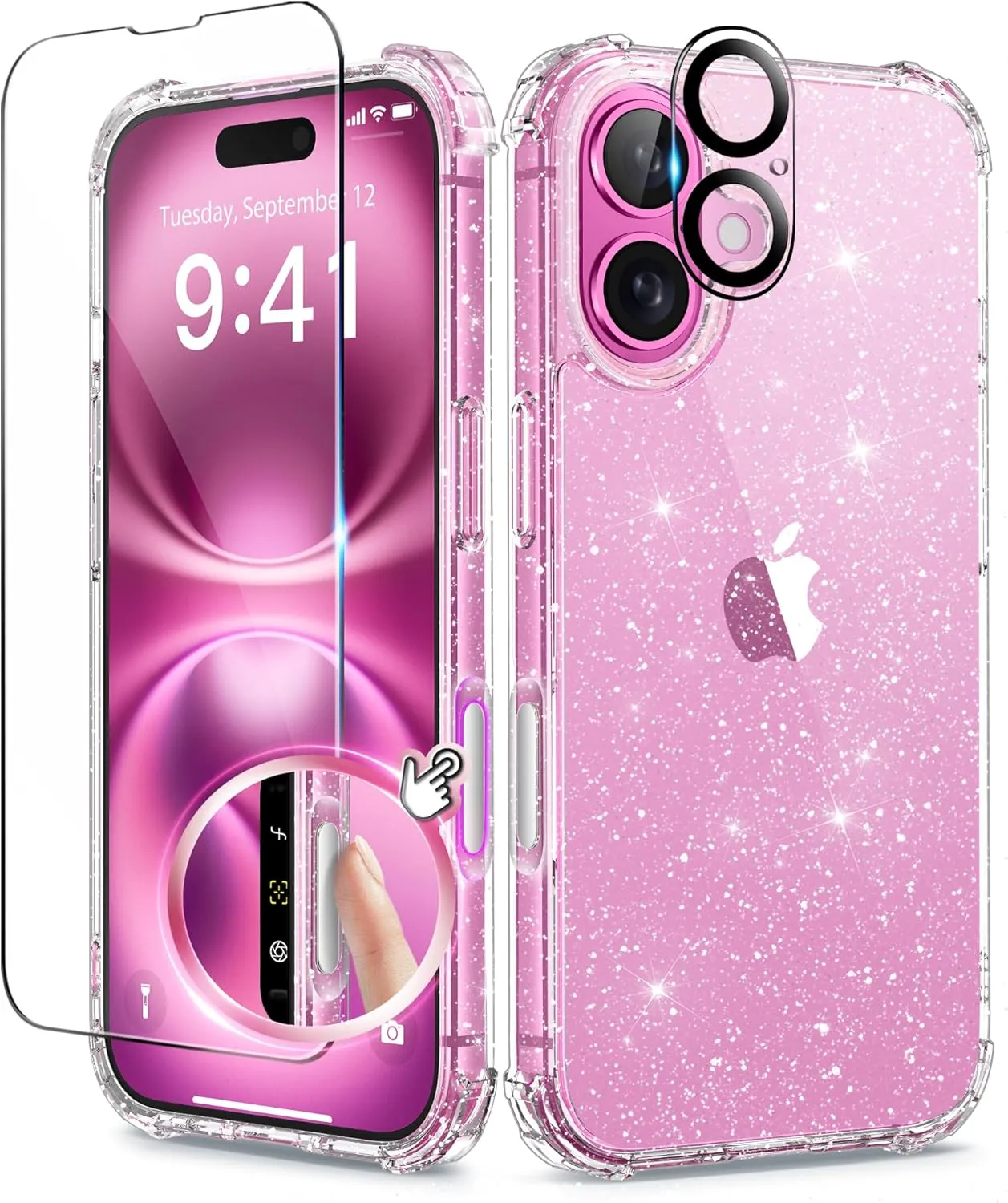 BERFY Compatible with iPhone 16 Case Glitter, [3 in 1] with Screen Protector   Camera Lens Protector, [Non-Yellowing] Clear Sparkle Slim Shockproof Hard Phone Cover for Women 6.1", Shiny Clear