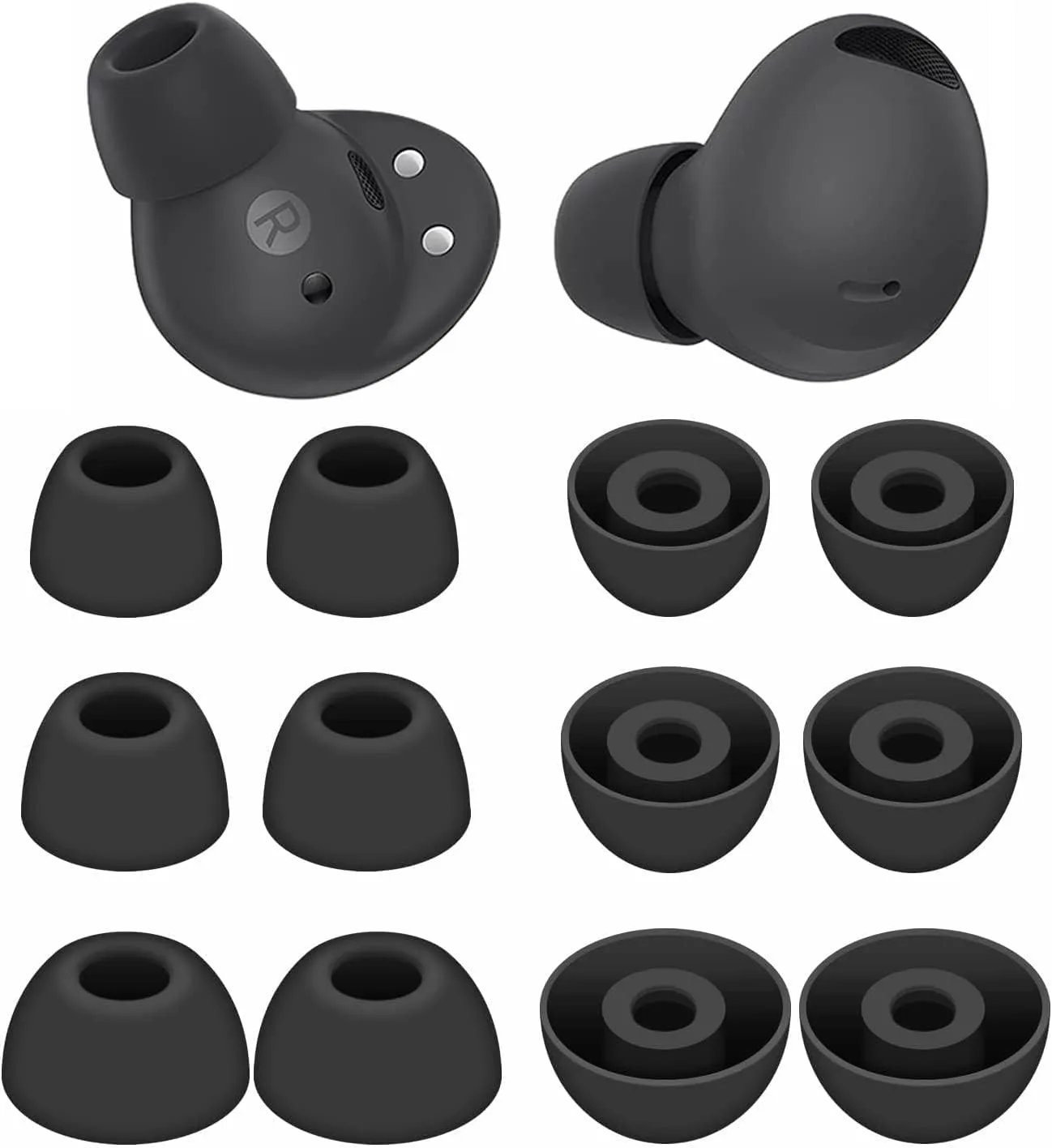 BLUEWALL Eartips Compatible with Galaxy Buds 2 Pro Earbuds SM-R510, Fit in Case Earbuds Tips Soft Silicone Replacement Ear Tips Compatible with Galaxy Buds 2 Pro SM-R510, 6 Pairs Black