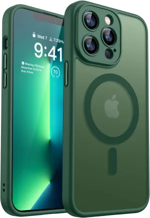 CANSHN Magnetic Compatible with iPhone 13 Pro Max Case, Upgraded [Full Camera Protection] [Compatible with Magsafe] [Translucent Matte] Shockproof Protective Phone Case Cover 6.7 Inch - Deep Green