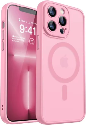 CANSHN Magnetic Compatible with iPhone 13 Pro Max Case, Upgraded [Full Camera Protection] [Compatible with Magsafe] [Translucent Matte] Shockproof Protective Phone Case Cover 6.7 Inch - Pink