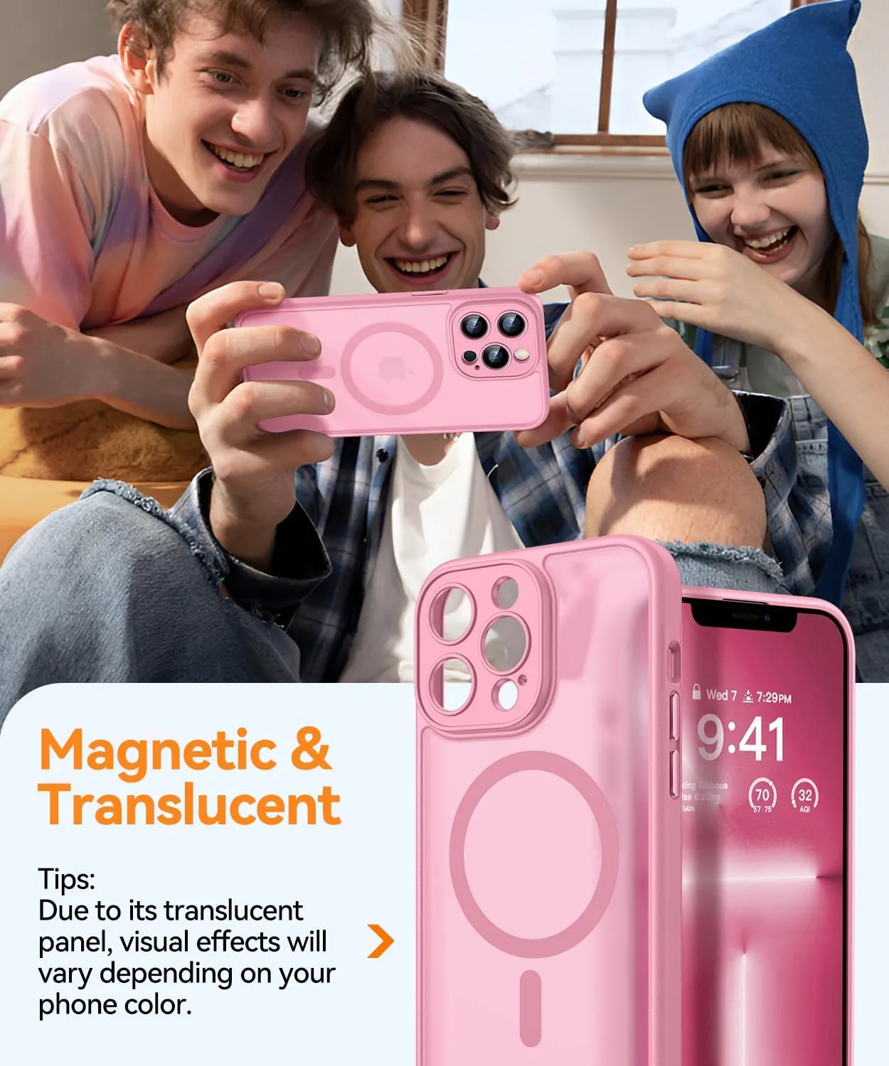 CANSHN Magnetic Compatible with iPhone 13 Pro Max Case, Upgraded [Full Camera Protection] [Compatible with Magsafe] [Translucent Matte] Shockproof Protective Phone Case Cover 6.7 Inch - Pink