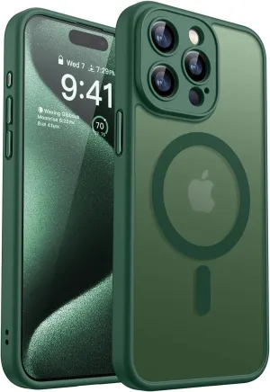 CANSHN Magnetic Compatible with iPhone 15 Pro Max Case, Upgraded [Full Camera Protection] [Compatible with Magsafe] [Translucent Matte] Shockproof Protective Phone Case Cover 6.7 Inch - Deep Green