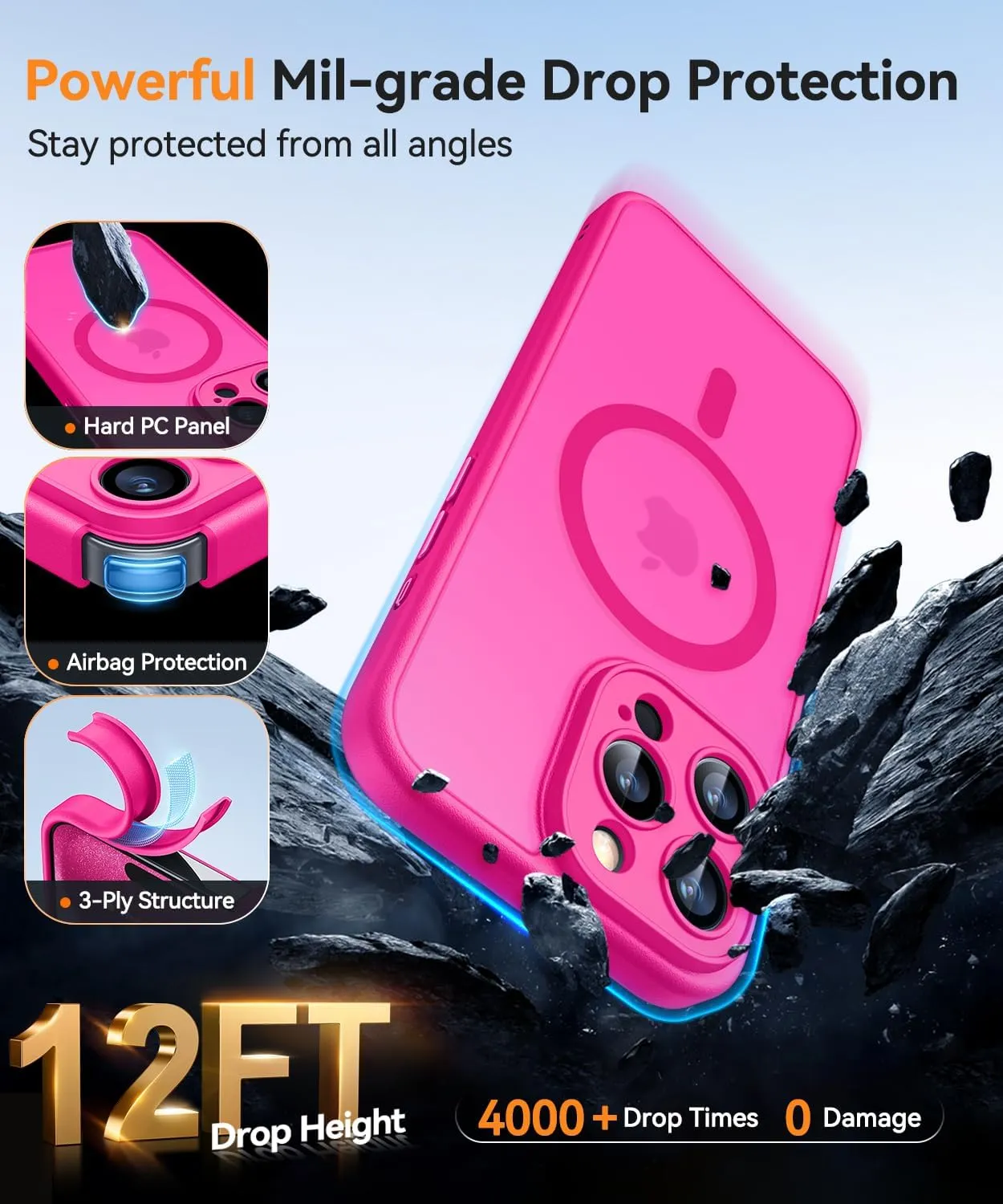 CANSHN Magnetic Compatible with iPhone 15 Pro Max Case, Upgraded [Full Camera Protection] [Compatible with Magsafe] [Translucent Matte] Shockproof Protective Phone Case Cover 6.7 Inch - Hot Pink