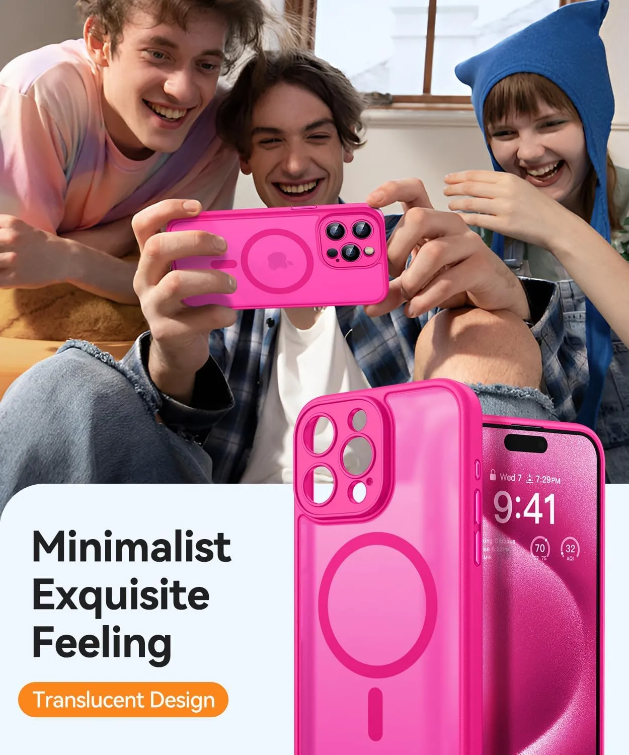 CANSHN Magnetic Compatible with iPhone 15 Pro Max Case, Upgraded [Full Camera Protection] [Compatible with Magsafe] [Translucent Matte] Shockproof Protective Phone Case Cover 6.7 Inch - Hot Pink