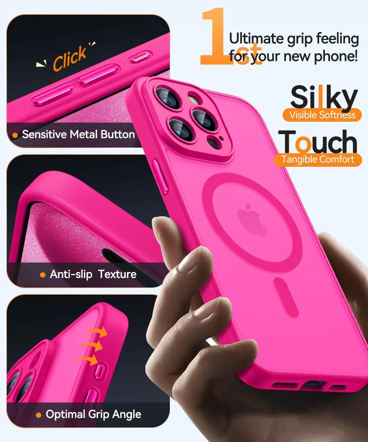 CANSHN Magnetic Compatible with iPhone 15 Pro Max Case, Upgraded [Full Camera Protection] [Compatible with Magsafe] [Translucent Matte] Shockproof Protective Phone Case Cover 6.7 Inch - Hot Pink