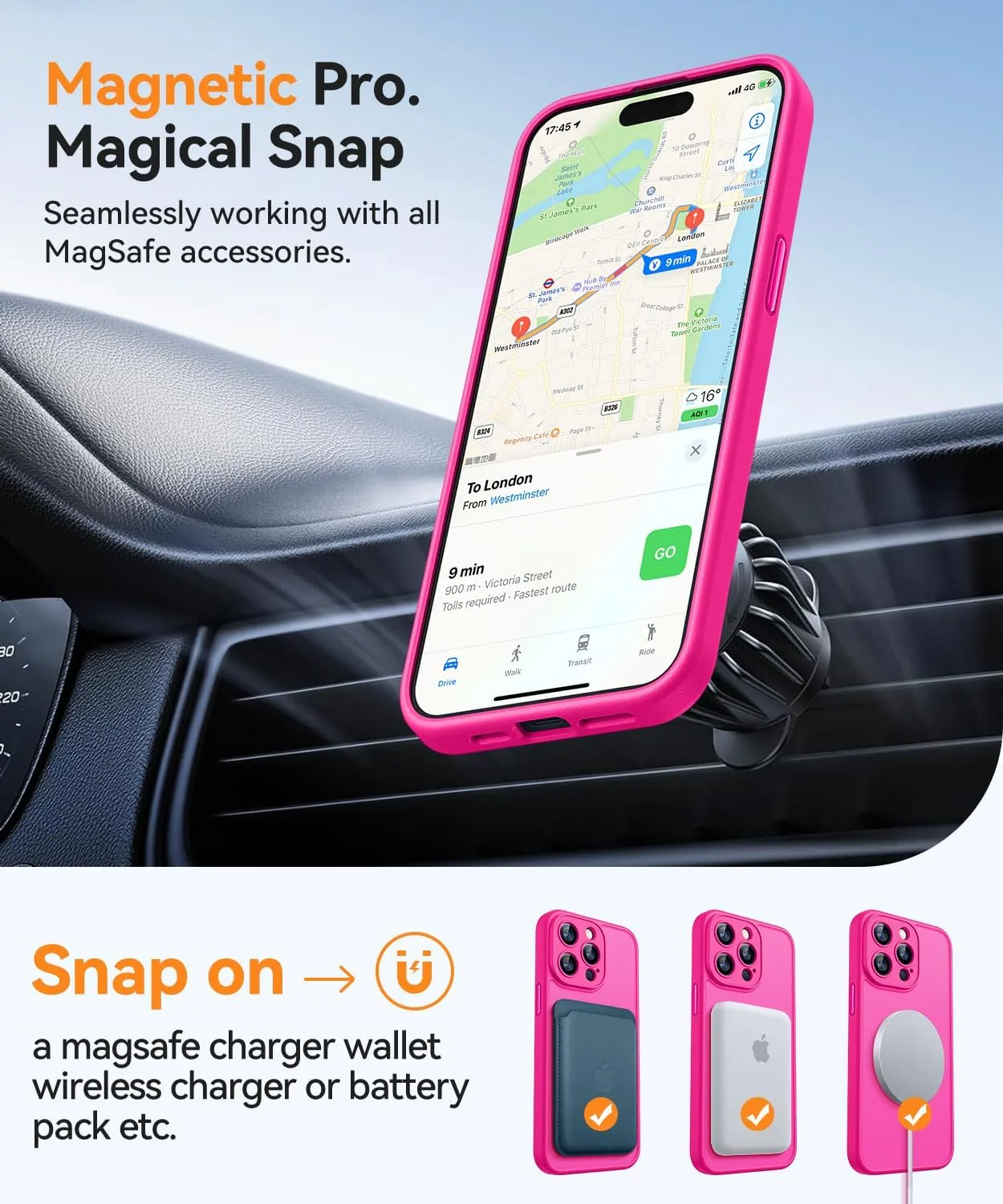 CANSHN Magnetic Compatible with iPhone 15 Pro Max Case, Upgraded [Full Camera Protection] [Compatible with Magsafe] [Translucent Matte] Shockproof Protective Phone Case Cover 6.7 Inch - Hot Pink