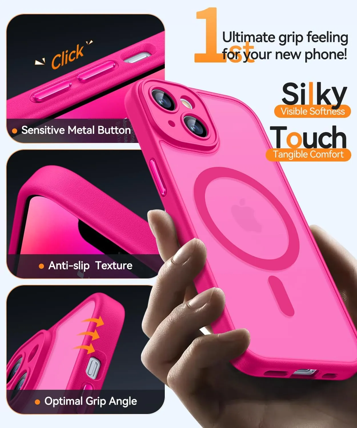 CANSHN Magnetic for iPhone 14 Case, Upgraded [Full Camera Protection] [Compatible with Magsafe] [Translucent Matte] Shockproof Protective Phone Case for iPhone 14 6.1" - Hot Pink