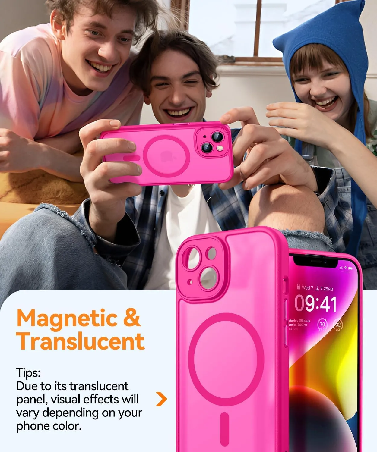 CANSHN Magnetic for iPhone 14 Case, Upgraded [Full Camera Protection] [Compatible with Magsafe] [Translucent Matte] Shockproof Protective Phone Case for iPhone 14 6.1" - Hot Pink