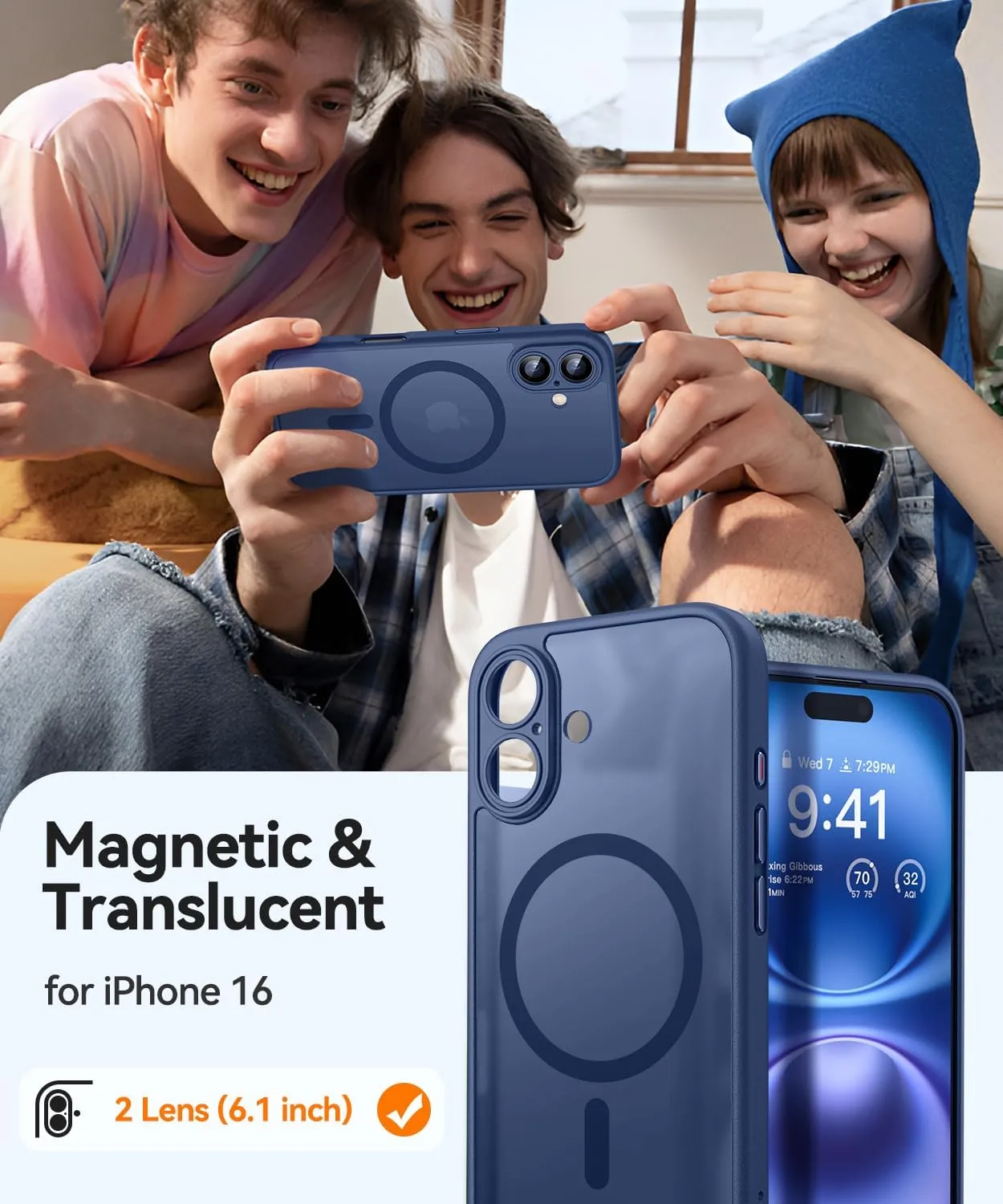 CANSHN Magnetic for iPhone 16 Case, Upgraded [Full Camera Protection] [Compatible with Magsafe] [Translucent Matte] Shockproof Protective Phone Case for iPhone 16 - Deep Blue