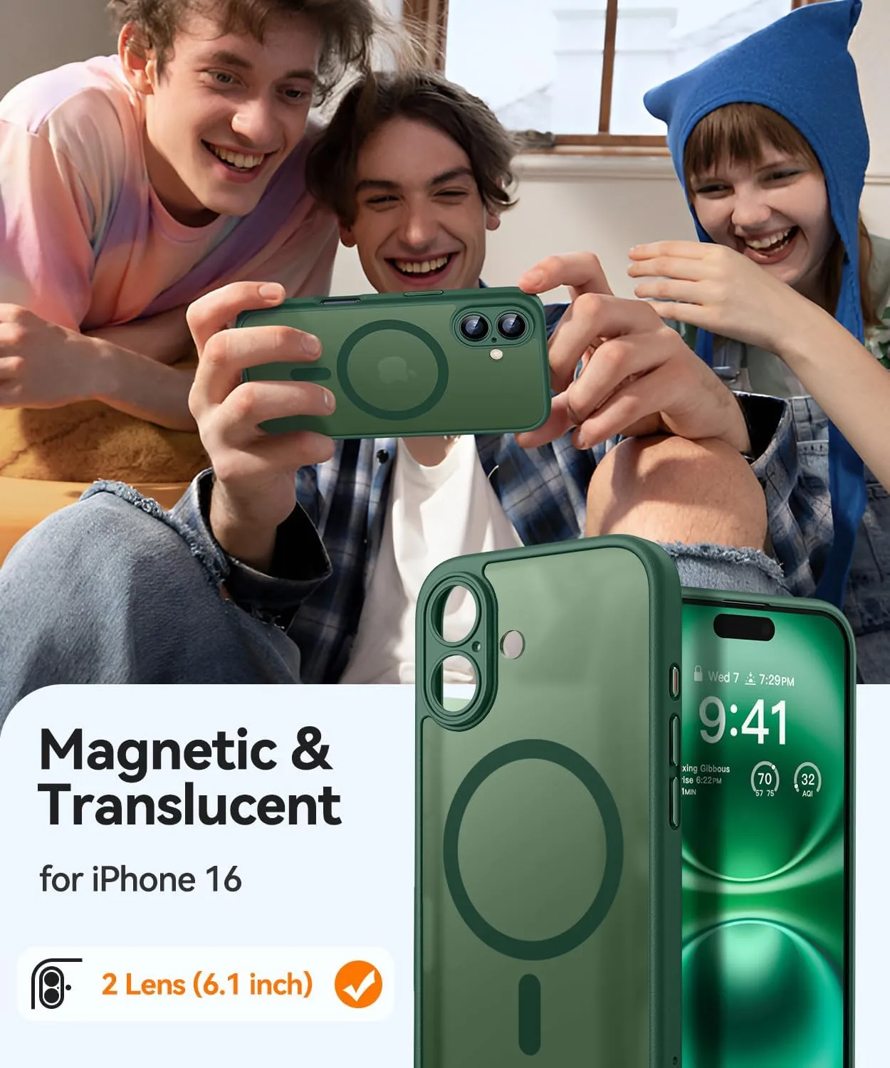 CANSHN Magnetic for iPhone 16 Case, Upgraded [Full Camera Protection] [Compatible with Magsafe] [Translucent Matte] Shockproof Protective Phone Case for iPhone 16 - Deep Green