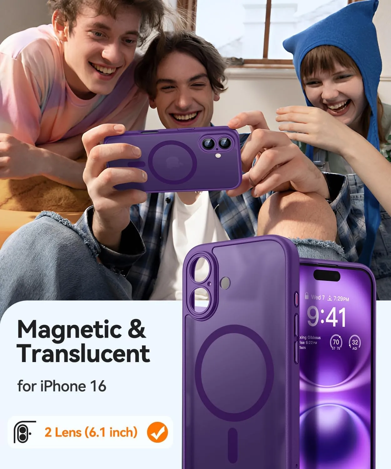 CANSHN Magnetic for iPhone 16 Case, Upgraded [Full Camera Protection] [Compatible with Magsafe] [Translucent Matte] Shockproof Protective Phone Case for iPhone 16 - Deep Purple
