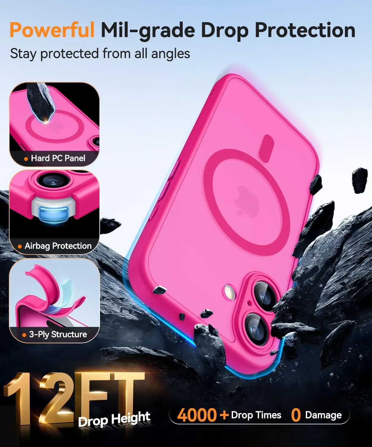 CANSHN Magnetic for iPhone 16 Case, Upgraded [Full Camera Protection] [Compatible with Magsafe] [Translucent Matte] Shockproof Protective Phone Case for iPhone 16 - Hot Pink
