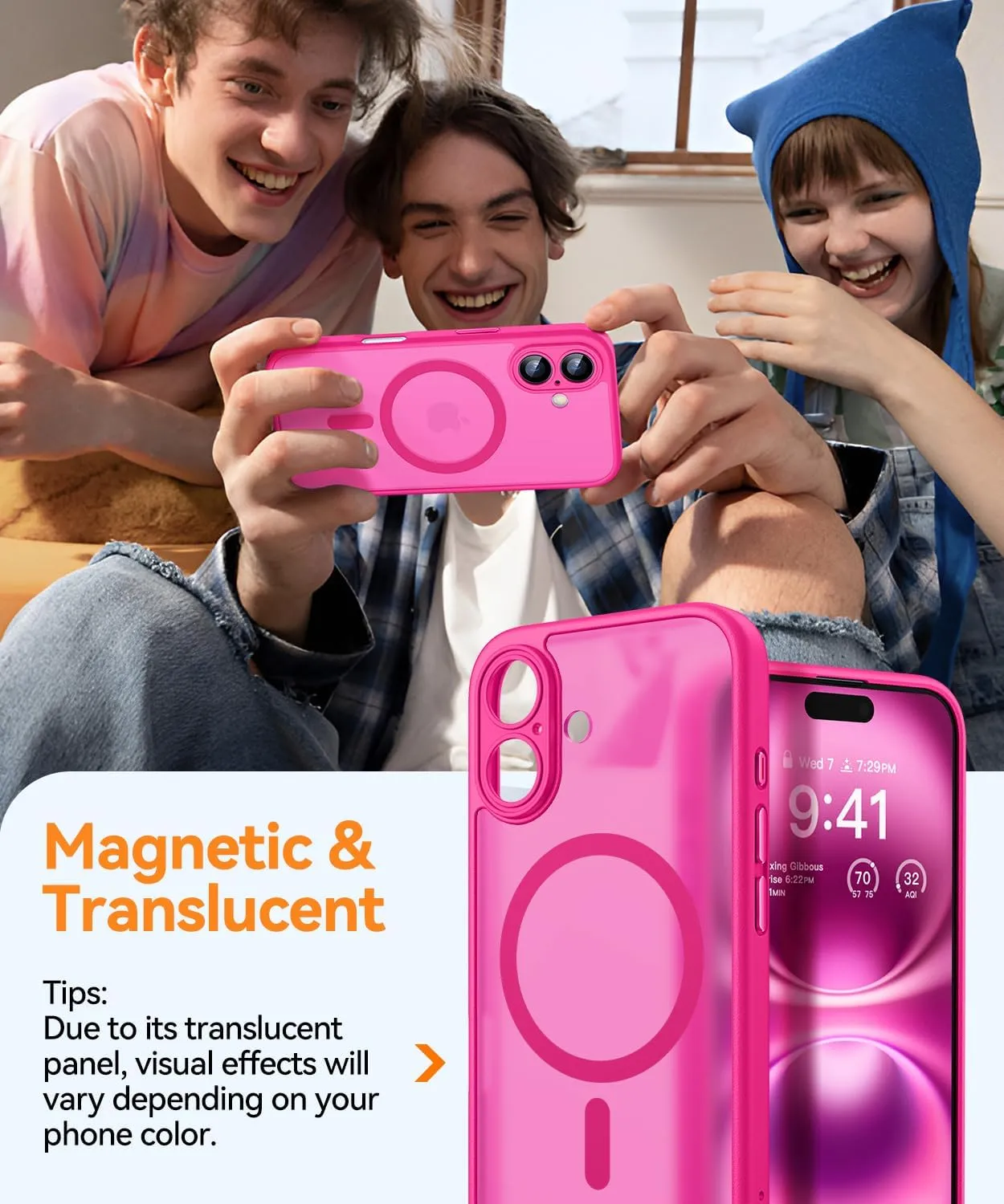 CANSHN Magnetic for iPhone 16 Case, Upgraded [Full Camera Protection] [Compatible with Magsafe] [Translucent Matte] Shockproof Protective Phone Case for iPhone 16 - Hot Pink