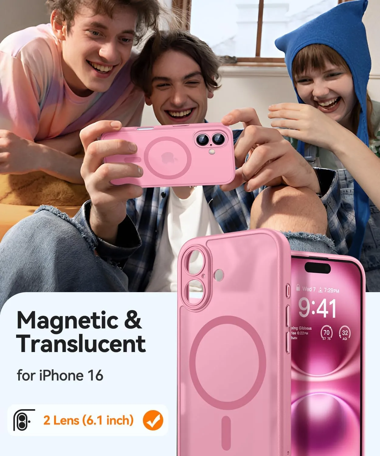CANSHN Magnetic for iPhone 16 Case, Upgraded [Full Camera Protection] [Compatible with Magsafe] [Translucent Matte] Shockproof Protective Phone Case for iPhone 16 - Pink
